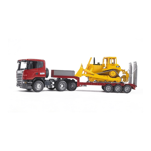 girotondo giocattoli lecce bruder 03555 camion scania serie r con carro a pianale ribassato e bulldozer cat 4001702035556