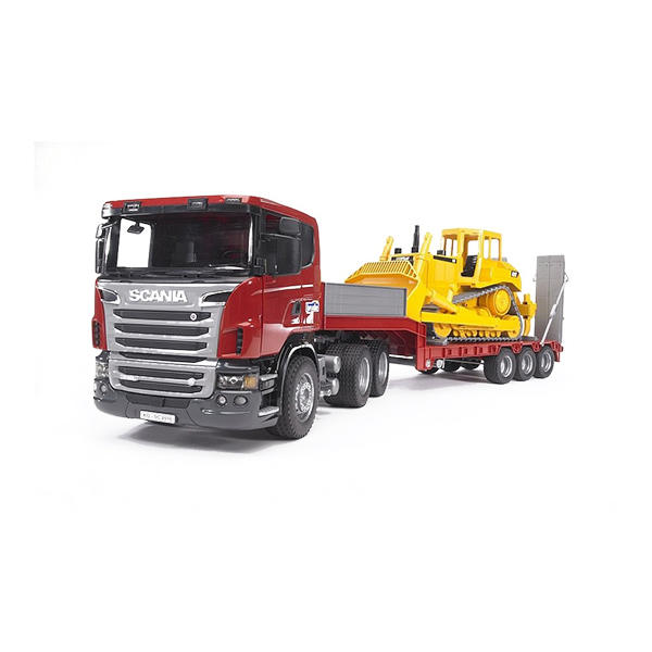 girotondo giocattoli lecce bruder 03555 camion scania serie r con carro a pianale ribassato e bulldozer cat x 4001702035556